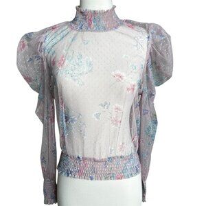 L.I.F.E. Shirring Sheer Floral‎ Pink Blouse High Neck Elastic Waist Puff Sleeve
